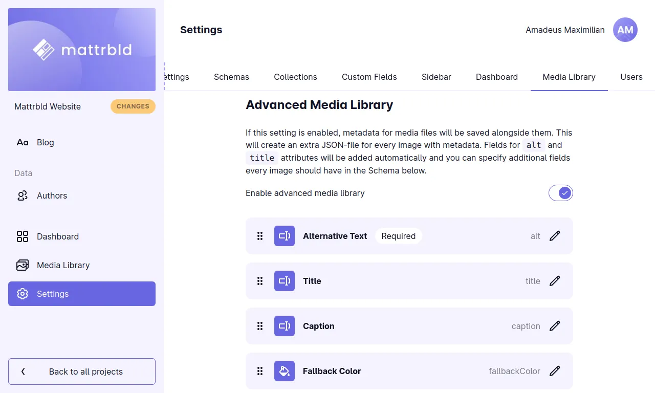 A screenshot of the advanced media library section in the media library settings of Mattrbld. The default Schema has been expanded with additional fields beyond the standard alt and title fields.