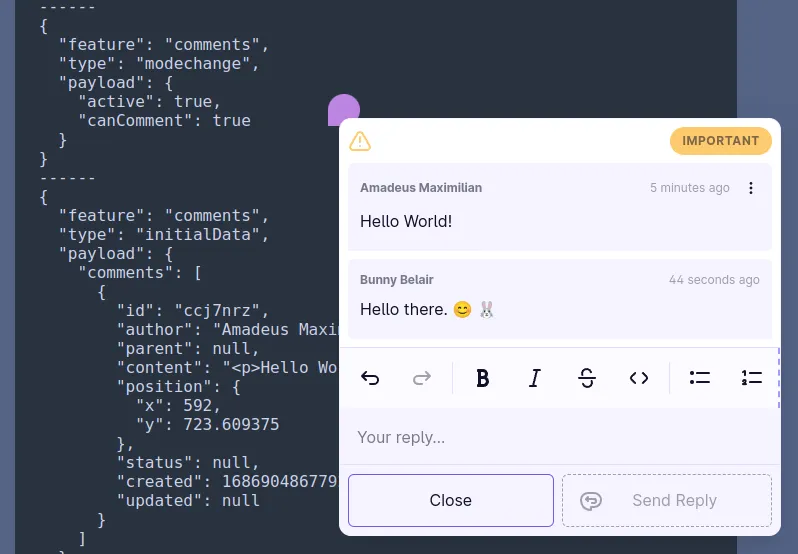 A screenshot showing a comment thread marked as important. Two comments are visible "Hello World!" and "Hello there."