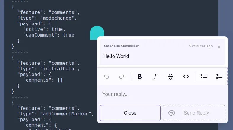 A screenshot of a comment being shown after clicking on the comment marker. It says "Hello World!"