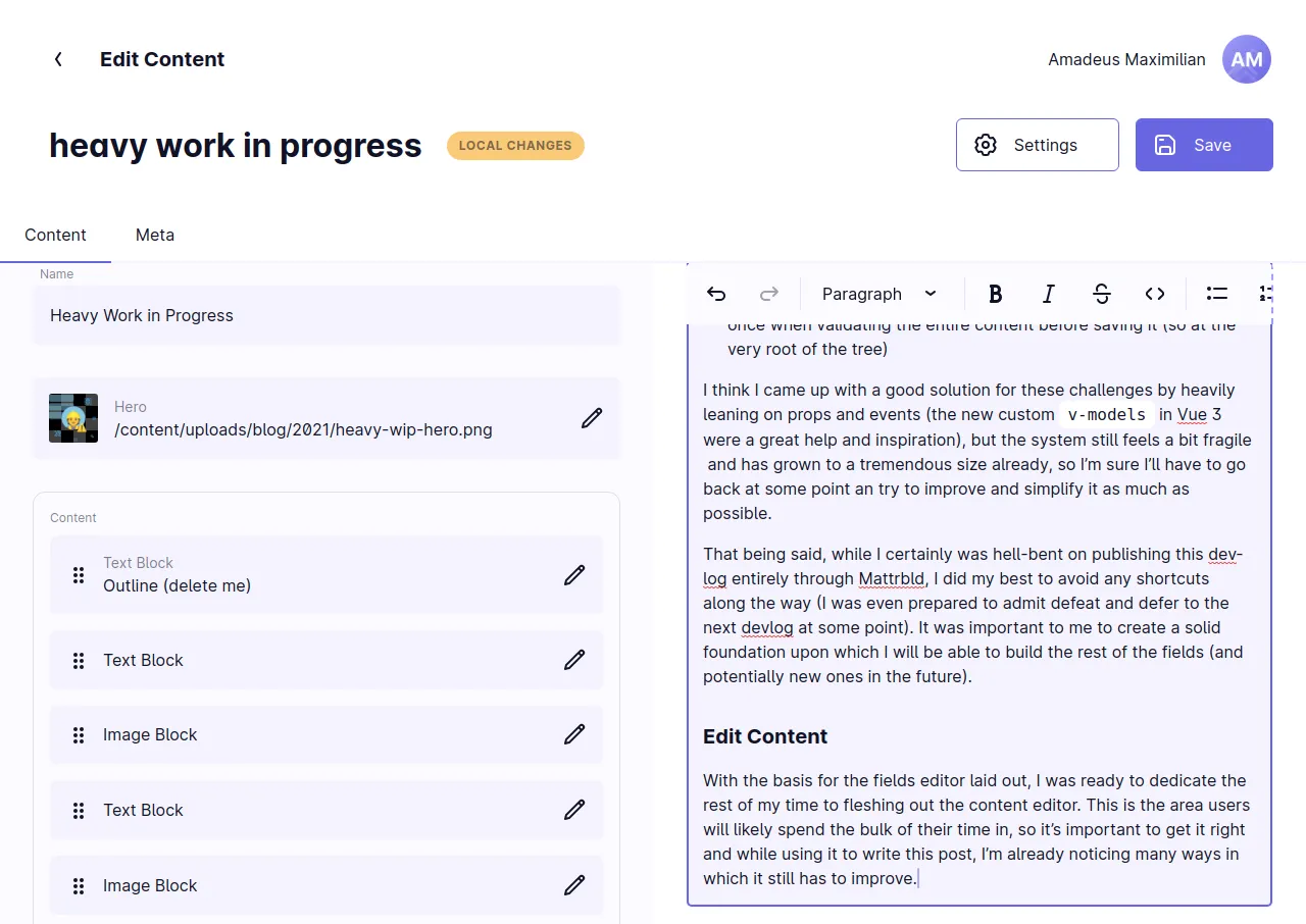 A screenshot of the Mattrbld Content Editor, where a piece of content named "heavy work in progress" is being edited. The view is split into two columns, the left one listing a variety of input fields, while the right shows a rich text editor