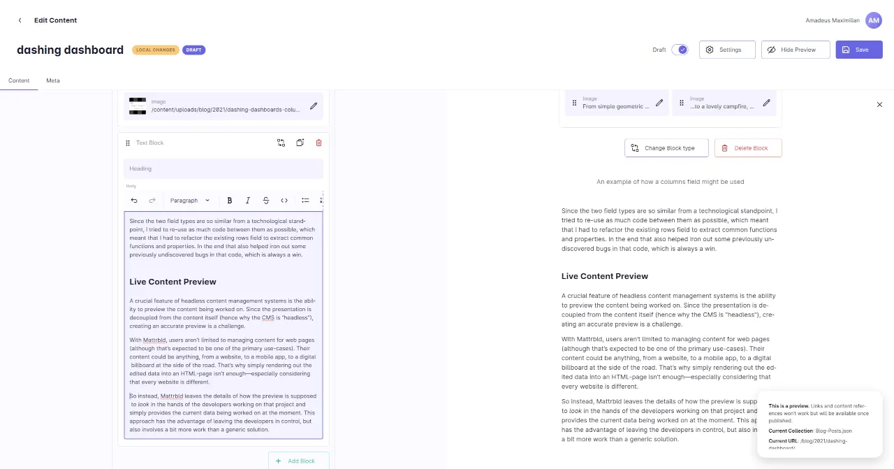 A screenshot of the Mattrbld UI showing a piece of content being edited next to the live preview on the right.