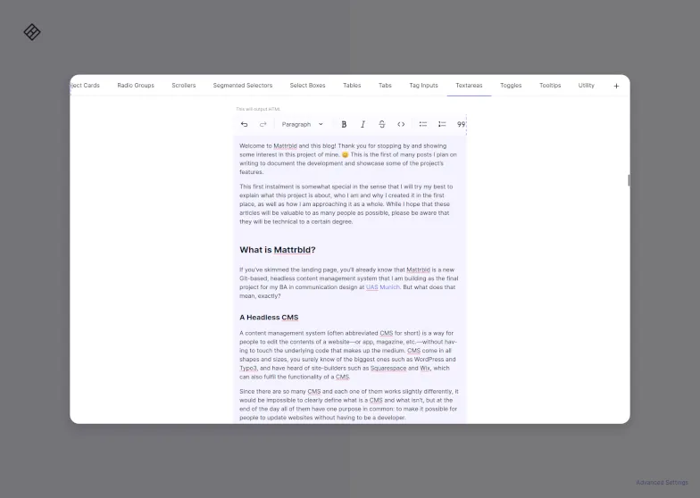A screenshot showing an open modal window on a slightly darker background. The modal window contains a tab strip with all sorts of component names such as Tabs and Textareas at the top, while the main area is filled out by a rich text editor displaying the contents of this blog post
