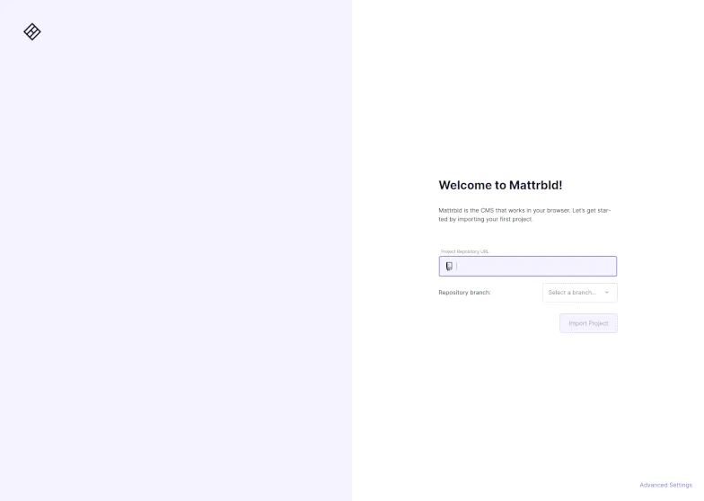 A screenshot of the onboarding experience of Mattrbld. The left half of the image is empty apart from the Mattrbld logo, a diamond with some lines through it, while on the right side a form can be seen