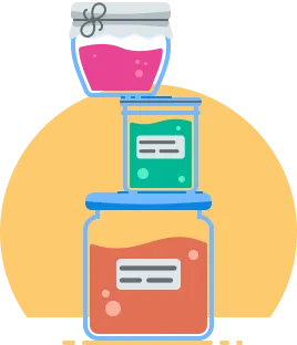 A stack of colourful jam jars on a yellow background