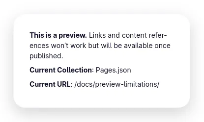 A screenshot showing the preview-overlay that gets shown when editing the Mattrbld website. It is a rounded rectangle floating above the rest of the content containing text indicating that it is just a preview and some information like the final URL of the page and current Collection.