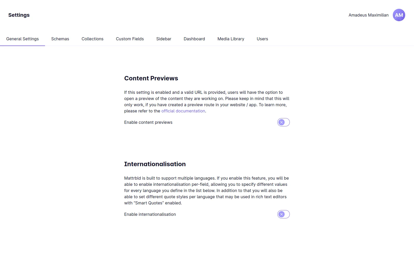 A screenshot of the Mattrbld UI showing the General tab and the section titled "Content Previews"