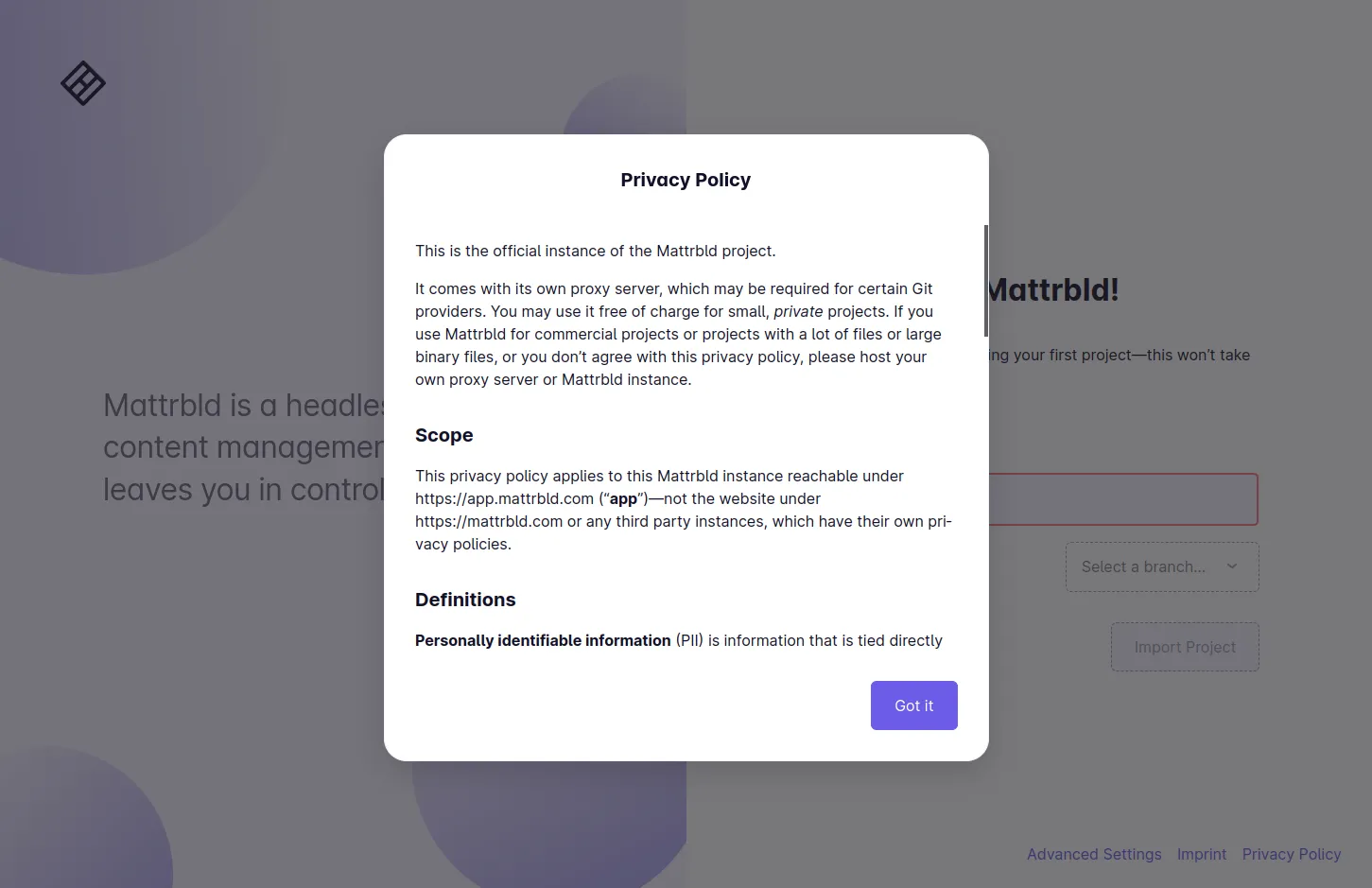 A screenshot of the privacy policy modal on the official Mattrbld instance. In the lower right of the image two additional links next to one labelled "Advanced Options" are visible: "Imprint" and  "Privacy Policy".