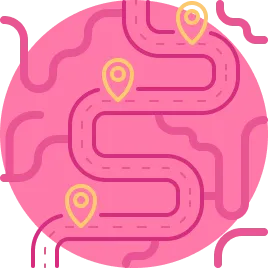 A winding road on a pink background dotted with yellow location pin markers