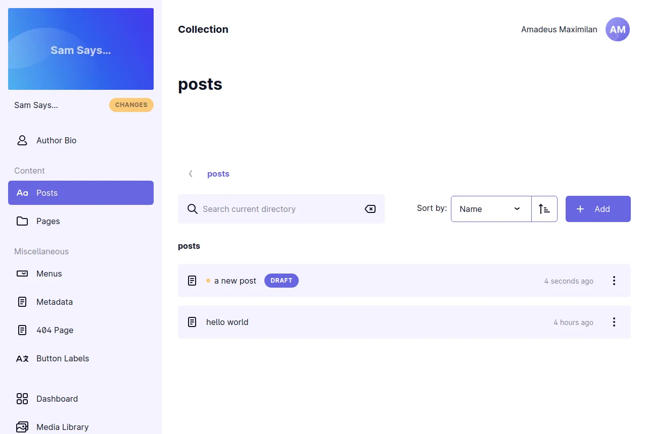 A view of the "posts" collection in the Sam Says… template, now showing the newly created post at the top, still marked as a "draft" by a purple chip