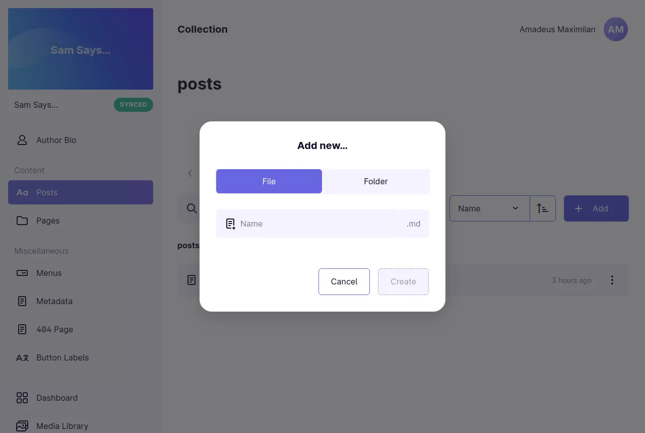 The entity creation dialog of Mattrbld, showing options for creating a new file or folder