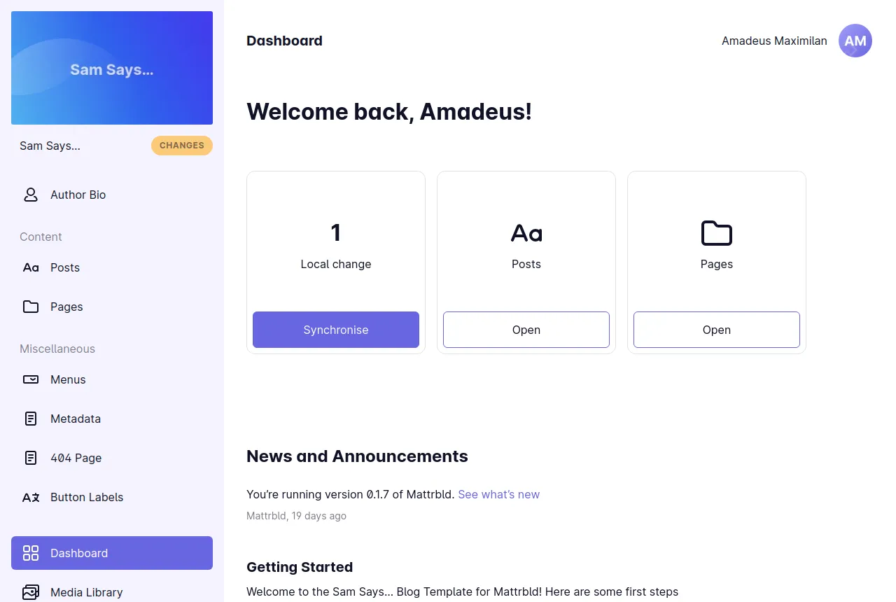 The dashboard of the Sam Says… template showing one local change ready to be synchronised