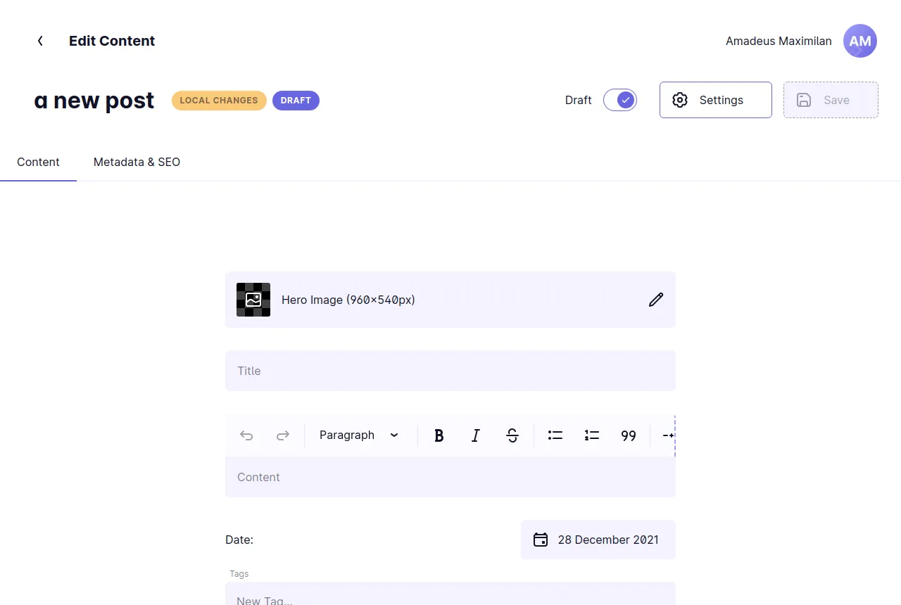 A screenshot of the content editor in Mattrbld for a new blog post in the Sam Says… template