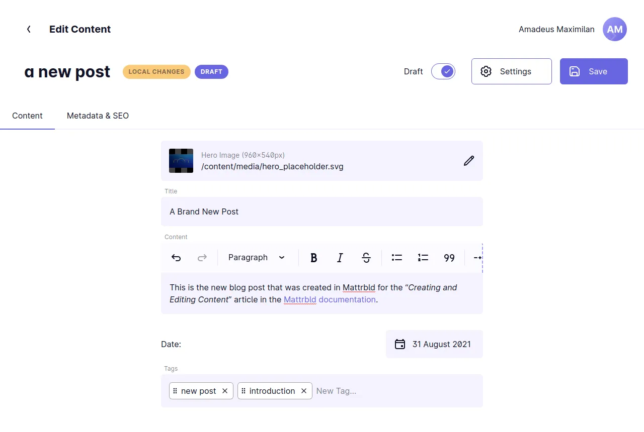 The Sam Says… content editor filled with some example content