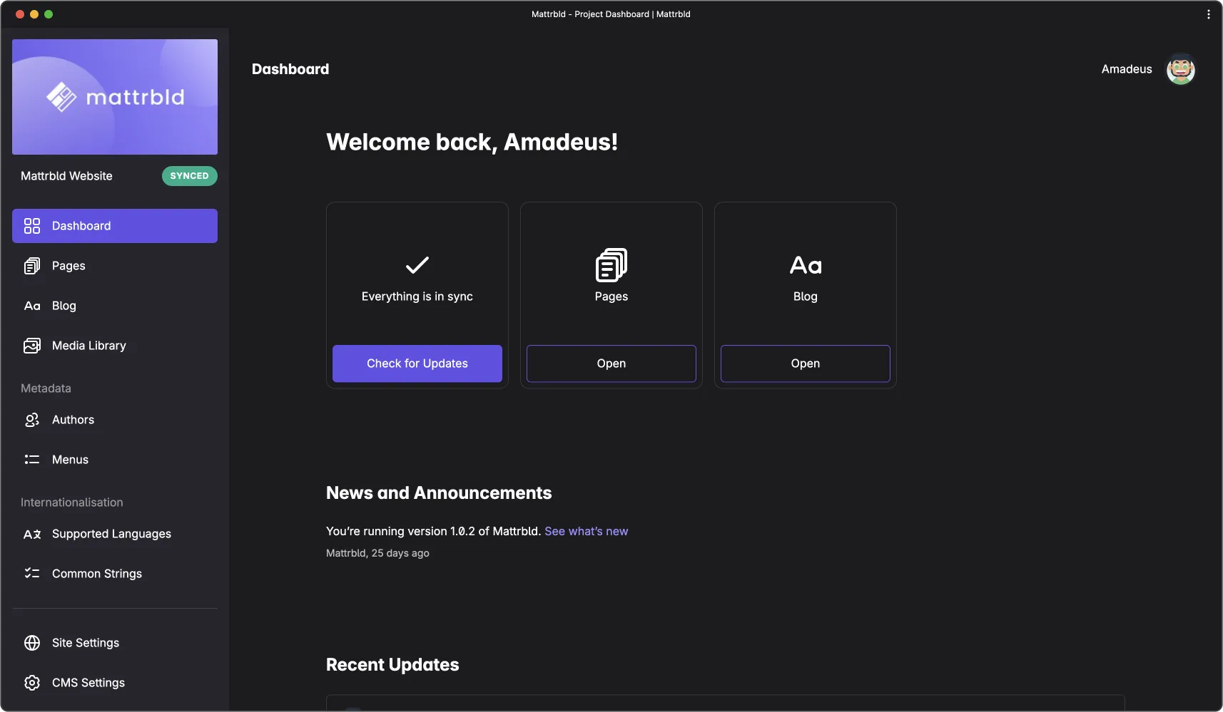 Screenshot of the Mattrbld application showing the deshboard for this website in the desktop view.