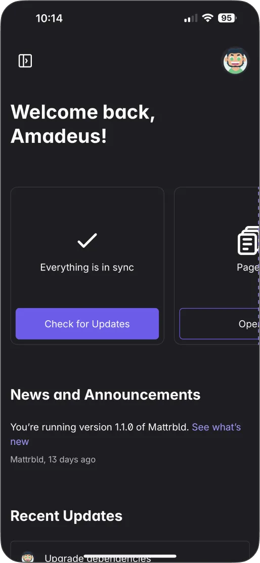Screenshot of the Mattrbld application showing the deshboard for this website in the mobile view.