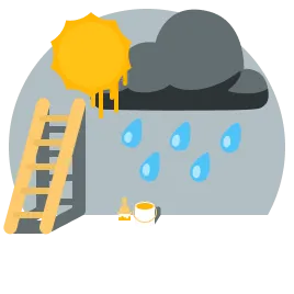 A rain cloud painted on a wall. A ladder is leaning against that wall below a sun that was painted over the rain cloud. A brush and bucket are on the floor near the ladder.