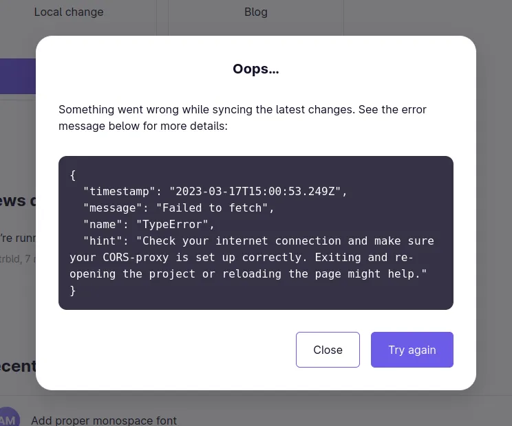 A Mattrbld error modal showing a "Failed to fetch" error with the hint "Check your internet connection and make sure your CORS-proxy is set up correctly."