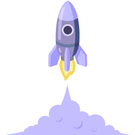 A light purple rocket lifting off from the ground in a plume of smoke