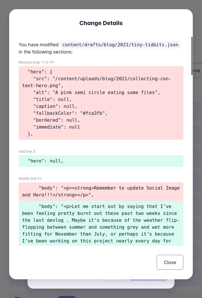 A screenshot of the change details modal in Mattrbld showing what changed between the local version of the blog post and the one on the server. Removals are shown on a red, additions on a green background