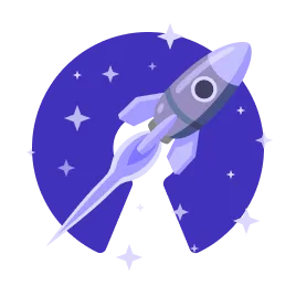 A purple rocket flying through a field of stars overlaid on top of the logo of the open source initiative, a circle that looks like it has a keyhole in it.